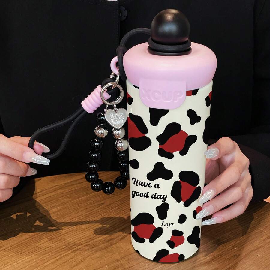 1PC 600ML Simple Leopard Print, Personalized Leopard Print, Stylish Leopard Pattern Stainless Steel Thermal Cup, Dual-Use Coffee Cup, Portable Straw Cup, Lanyard Thermal Cup, Suitable For Office, Home, Gift Recommendation, Coffee/Milk/Tea - Multicolor - View 1