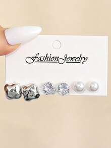 NAIZHU 9 Pairs Kids Fashion Metallic Bow Geometric Faux Pearl Earrings Set, Suitable For Daily Wear, Party Accessories, Gift - Silver - View 4