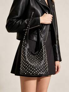 Dedoo Black V-Shaped Double-Sided Studded Bucket Bag, Punk Style Heavy-Duty Rivet Embellished Underarm Shoulder Bag, Suitable For Work Commute And Shopping - Black - View 4