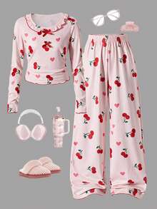Spring/Autumn Girl Sweet Bow Cherry+Heart Shaped Printed Pink Long Sleeve+Fully Printed Pants Sleepwear 2 Pieces Set,Soft Fabric,Suitable For Home Sleep - Pink - View 1