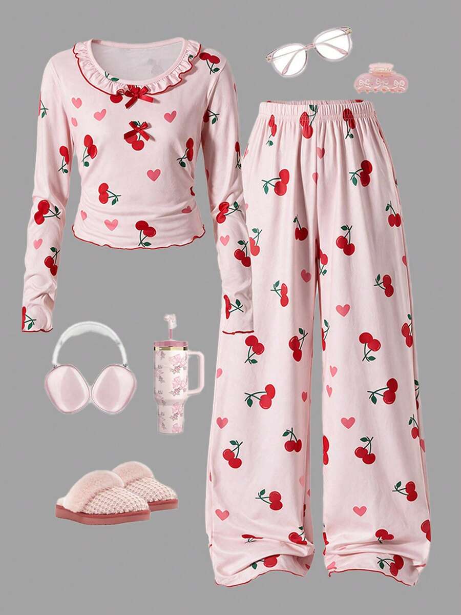 Spring/Autumn Girl Sweet Bow Cherry+Heart Shaped Printed Pink Long Sleeve+Fully Printed Pants Sleepwear 2 Pieces Set,Soft Fabric,Suitable For Home Sleep - Pink - View 1