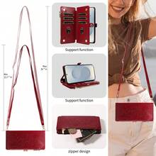 1pc Embossed Zipper Wallet Phone Case Made Of Artificial Leather, Compatible With Apple 18 Pro Max, A57, Note 15 PRO, Portable Crossbody Coin Purse Protective Shell (Global Version, Not Local Model) - Burgundy - View 3