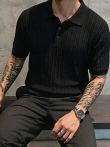 Men's Vertical Ribbed Knit Short Sleeve Polo Shirt, Slim Fit Casual Streetwear Top - Black - View 1