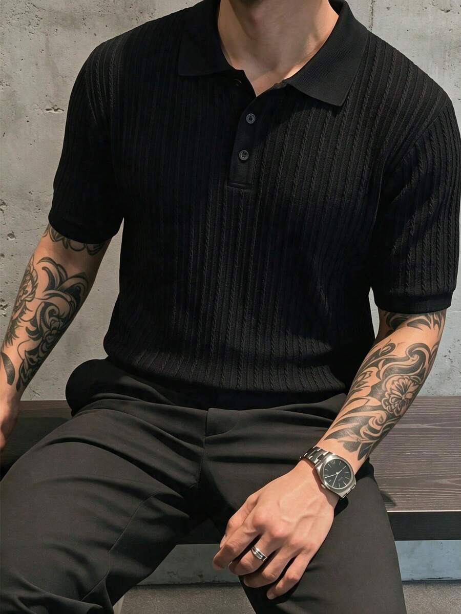 Men's Vertical Ribbed Knit Short Sleeve Polo Shirt, Slim Fit Casual Streetwear Top - Black - View 1