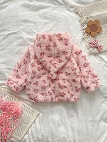 Baby Girls Winter Jacket INS Style Pink Leopard Print Double Layer Fleece Zipper Jacket With Dual Pocket Design - Pink - View 2