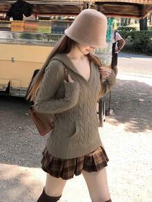 V-Neck Cable Knit Hooded Long Sleeve Pocket Sweater - Brown - View 2