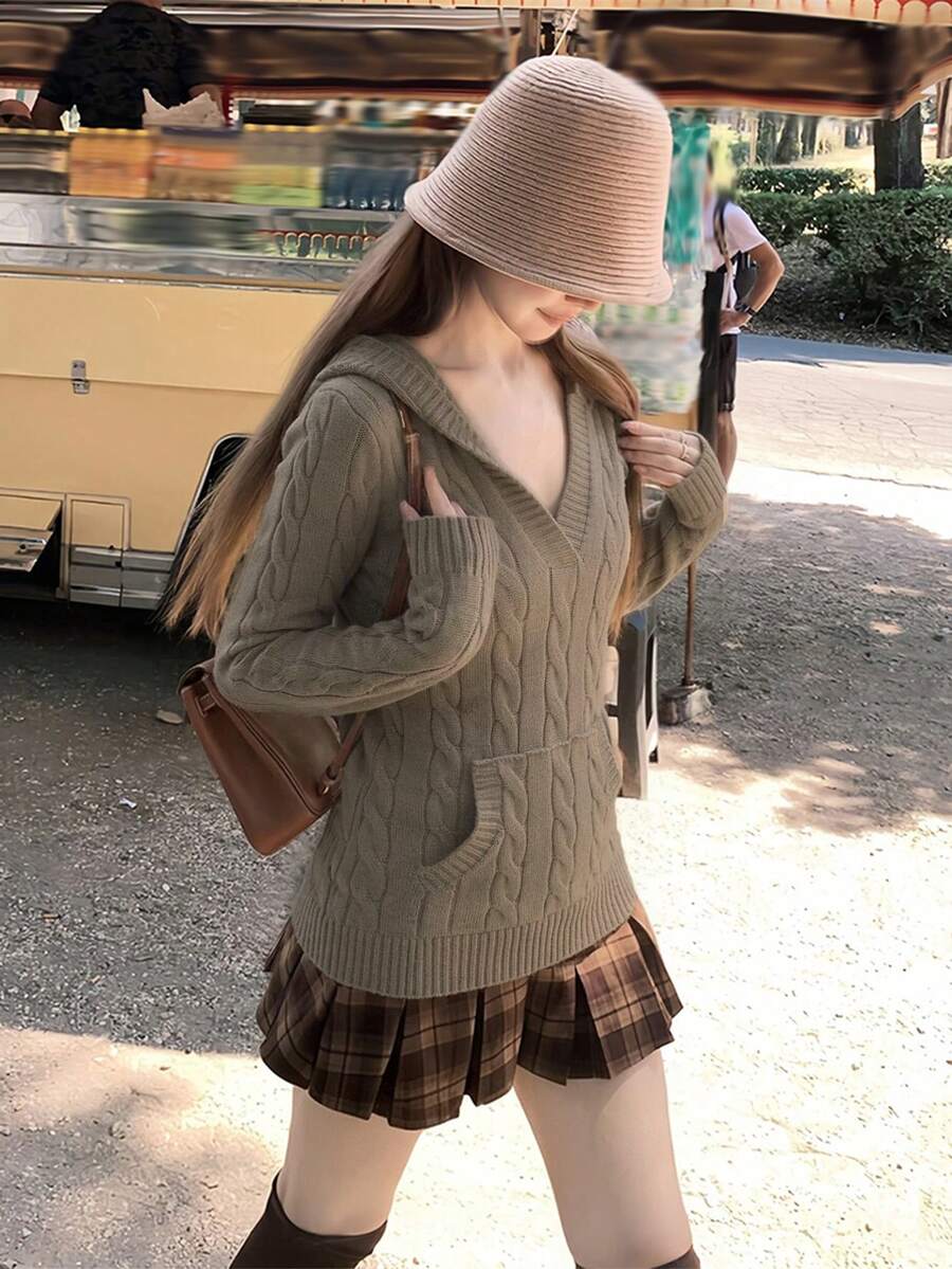 V-Neck Cable Knit Hooded Long Sleeve Pocket Sweater