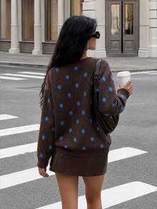 Women's Fashion Polka Dot Button Cardigan, Blue Button Street Style Sweater, Suitable For Autumn/Winter Thanksgiving, Halloween, Christmas Outfits - Coffee Brown - View 3