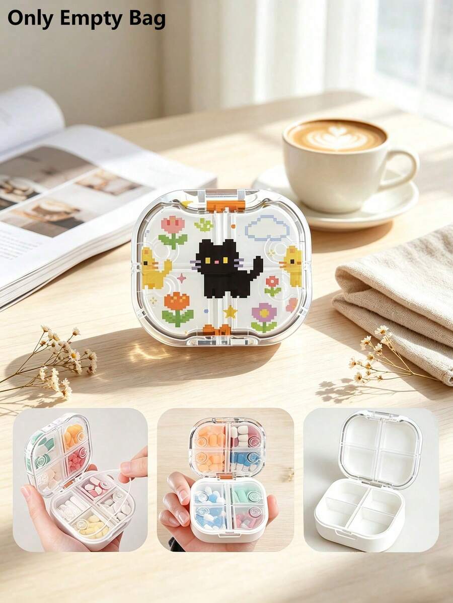 Waterproof Pixel Cat Pattern Pill Box With Independent Sealed Compartments, Moisture-Proof Mini Visible Pill Box, Portable Printed Divided Pill Box, Travel Pill Box, Cute Mini Pill Box, Double-Layer 8-Compartment Capsule Storage Box, Travel Pill Box, Portable Divided Pill Box, Essential Portable Medication Organizer For Travel