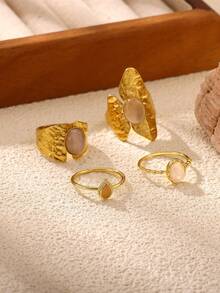 4pcs Vintage Pink Opal Rings For Women, Stainless Steel Gold Geometric Rings, Birthday Party Jewelry Gift - Multicolor - View 2