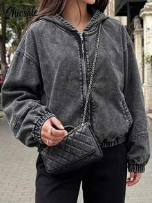 Women's Vintage Washed Denim Jacket With Hood And Pockets - Grey - View 1
