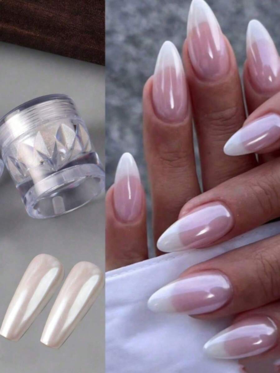 Moonlight White Nail Powder, Holographic Mirror Effect Colorful Powder With Sponge Applicator, Shiny Metallic DIY Nail Art Supplies - White - View 1