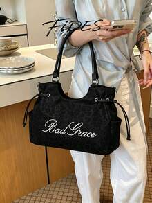 1pc New Women's Leopard Print Embroidered Letter PU Tote Bag, Drawstring Shoulder Strap Large Capacity Commuter Underarm Bag, Casual Daily Work Versatile Handbag Crossbody Bag - Black - View 10
