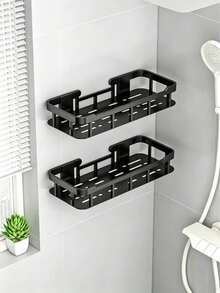 2pcs No-Drill Bathroom Storage Rack, Thickened Plastic Reinforced Bathroom Organizer Wall Mounted Hanging Shelf - View 3