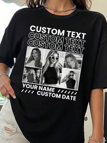 Personalized Women's Vintage Bell Sleeve T-Shirt, Custom Photo And Text Print Graphic Tee Black Summer, Boho Chic - Black - View 2