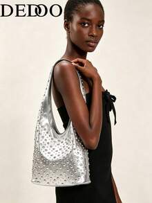 Dedoo Silver V-Shaped Double-Sided Studded Bucket Bag, Punk Style Heavy-Duty Rivet Embellished Underarm Shoulder Bag, Suitable For Work Commute And Shopping - Silver - View 9