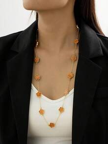 1pc Elegant Lucky Orange Oil-Drip Five-Leaf Clover Pendant Long Necklace Sweater Chain For Women, Daily Wear - Orange - View 4