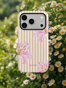 GIIPPA 1件杏色條紋背景配粉色扶桑花圖案設計手機殼，適用於Phone 17 Pro Max，兼容Phone 16 Pro Max、15 Pro Max、14 Pro Max，韓系高端時尚趣味手機殼，適合11/12/13/14/15/16 Pro Max Plus，男女皆宜的優雅設計，聖誕節、情人節、復活節、婚禮季和生日送女友的完美禮物！ - 杏色 - 查看 9