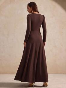 Aliao Autumn/Winter Rhinestone Button Asymmetric Draped Hem V-Neck Long Sleeve Midi Dress Wedding Guest Outfit - Brown - View 5
