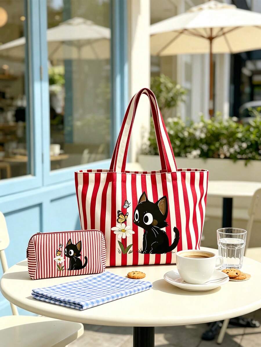 Ladies' Striped Canvas Handbag And Makeup Bag, Cute Casual Style, Floral Kitten Print, Large Capacity Shoulder Bag, Casual Striped Handbag, Work - Multicolor - View 1