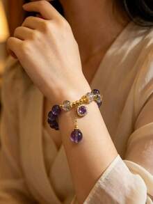 Healing Crystal/Purple Natural Bracelet With Sunflower Decoration - Purple And Gold Toned Fashion Jewelry - Multicolor - View 4