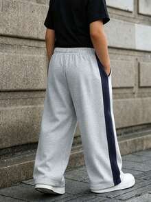 1pc Young BoyRetro American Side Stripe Patchwork Wide Leg Relaxed Fit Draped Casual Long Pants - Light Grey - View 2