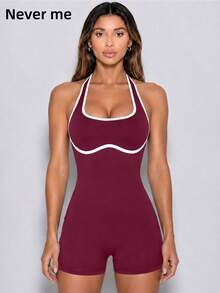 Never me Women's Sports Shorts Yoga Pilates Romper Round Neck Back Cutout Contrast Trim Ruched Waist Tight Fit - Burgundy - View 2