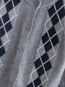 Boys' Preppy Argyle Jacquard Round Neck Button Long Sleeve Knit Cardigan Sweater, Color Block Pattern, Casual Versatile For Daily Wear And School, Spring/Autumn/Winter - Grey - View 4