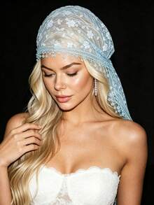 1pc Women's Fashion Floral Lace Triangle Scarf Headscarf - Light Blue - View 2