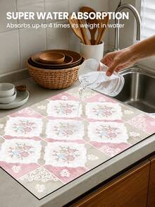 1pc, Vintage Square Pattern Printed Diatomaceous Earth Kitchen Drying Mat, Absorbent Dish Drying Mat, Coffee Machine Mat, Dishwashing Mat, Sink Mat, Kitchen Countertop Protector, Suitable For Cups, Plates, Tableware And Kitchen Decor - Multicolor - View 6