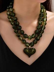 OABE 2pcs/Set Kalung Manik-Manik Hijau Bertekstur Gaya Bohemian dengan Liontin Hati, Cocok untuk Pemakaian Sehari-hari Wanita, Aksesori Hadiah Liburan/Ulang Tahun - Hijau Tentara - View 2