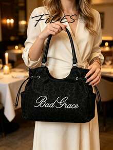 1pc New Women's Leopard Print Embroidered Letter PU Tote Bag, Drawstring Shoulder Strap Large Capacity Commuter Underarm Bag, Casual Daily Work Versatile Handbag Crossbody Bag - Black - View 8