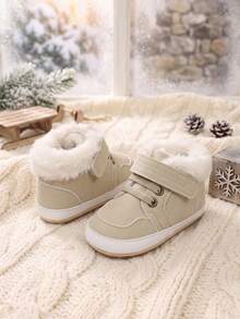 1 Pair Boys Solid Color PU Hook-And-Loop Design Simple Versatile Casual 0-1 Years Old Infant Walking Shoes Soft Rubber Sole Anti-Slip Boots Suitable For Autumn/Winter - Apricot - View 5