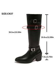 American Western Pointed Toe Chunky Heel Multi-Buckle Tall Boots, Cool & Sassy Streetwear, Slimming Riding Boots - Black - View 7