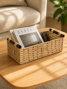 Forest Style Paper Rope Woven Solid Wood Handle Storage Basket, Bathroom Toilet Countertop Care Storage Box, Desktop Soft Decor Tray, Shelf Storage Basket, Multi-Functional Storage Basket, Suitable For Bathroom, Living Room, Bedroom And Office - Multicolor - View 9