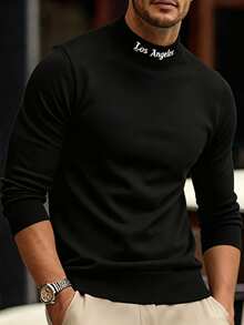 Men's High Neck Long Sleeve Shirt - Slim Fit, Top, Suitable For Running And Casual Wear, Machine Washable, Autumn/Winter, Active Lifestyle, Fashion Apparel, Smooth Fabric, - Black - View 7