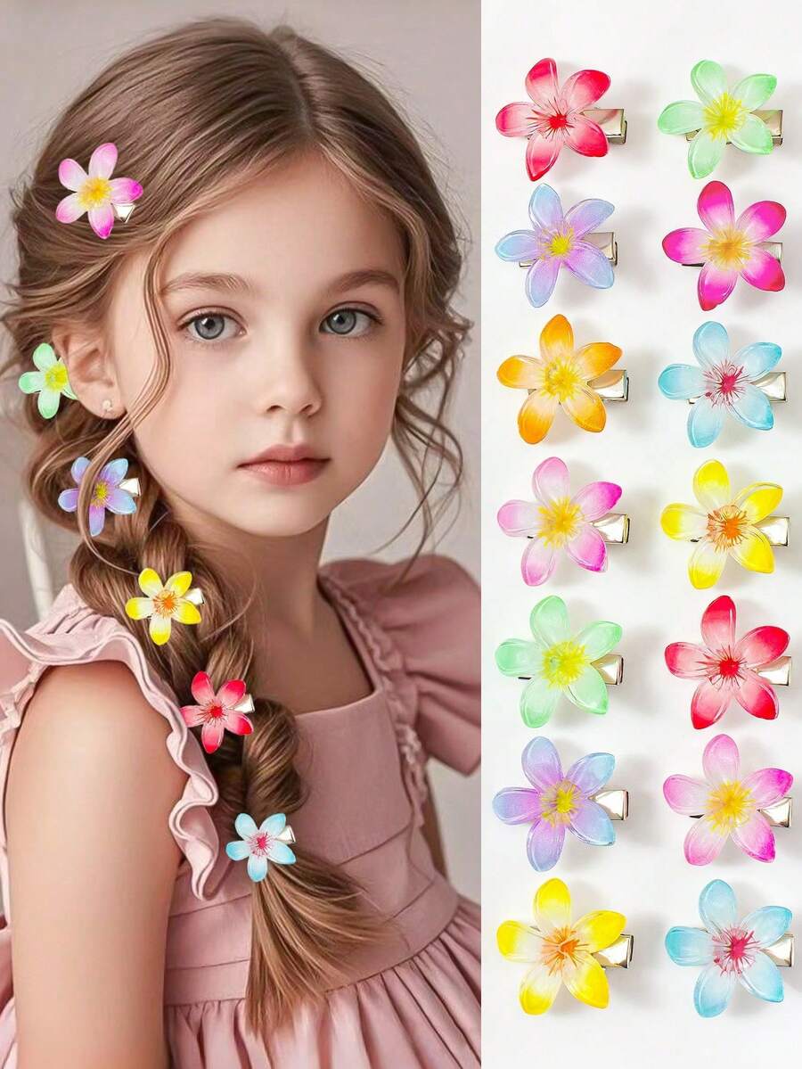 10pcs Random Gradient Dopamine Hawaiian Flower Hair Clips, Ethereal Daisy Flower Side Bangs Clips, Cute Girl Holiday & Party Daily Hair Accessories - Multicolor - View 1