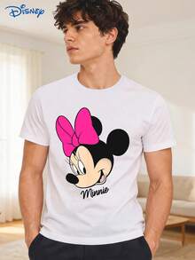 Disney 1pc Men's Short Sleeve T-Shirt, Loose Fit, Minnie Mouse Graphic Print, Crew Neck, Slightly Elastic - White - View 1