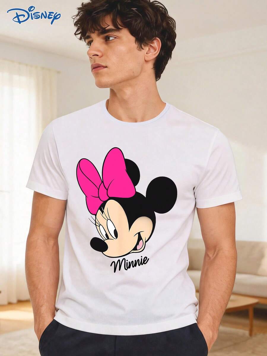 Disney 1pc Men's Short Sleeve T-Shirt, Loose Fit, Minnie Mouse Graphic Print, Crew Neck, Slightly Elastic - White - View 1