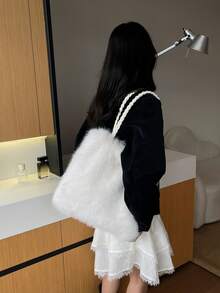 Women's Plush Tote Bag, Highly Attractive Shoulder Handbag, Fuzzy Fashionable Stylish Handbag - White - View 4