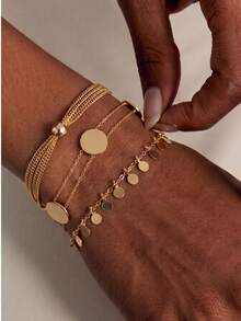 3pcs/Set Gold-Tone Round Pendant Bracelet, With Sequin Tassel Decoration, Metal Disc Bracelet, Minimalist Style, Adjustable Size, Suitable For Daily Wear, Commuting, And As A Versatile Gift For Girlfriend, Family And Friends - Bracelet - View 6