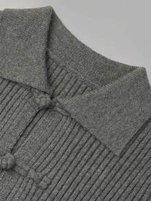 NiceArt New Chinese Style Frog Button Vertical Ribbed Knit Sweater, Winter Retro Casual Dark Gray Slim Fit Long Sleeve Knit Cardigan, Autumn Outfit, Halloween - Grey - View 4