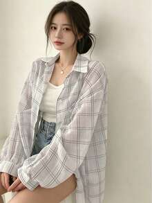 Korean Chic Summer French Casual Loose Thin Plaid Long Sleeve Shacket For Women Spring White - White - View 1