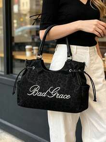 1pc New Women's Leopard Print Embroidered Letter PU Tote Bag, Drawstring Shoulder Strap Large Capacity Commuter Underarm Bag, Casual Daily Work Versatile Handbag Crossbody Bag - Black - View 11