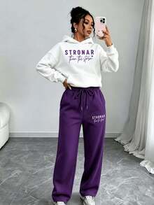 Purple Matching Loungewear Set, White Oversized Slogan Print Hoodie & Elastic Drawstring Wide Leg Sweatpants For Daily Casual Outfits &Weekend Errands - Purple - View 2