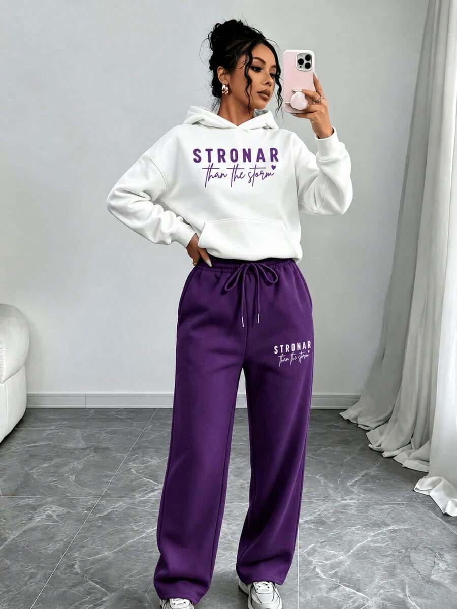 Purple Matching Loungewear Set, White Oversized Slogan Print Hoodie & Elastic Drawstring Wide Leg Sweatpants For Daily Casual Outfits &Weekend Errands
