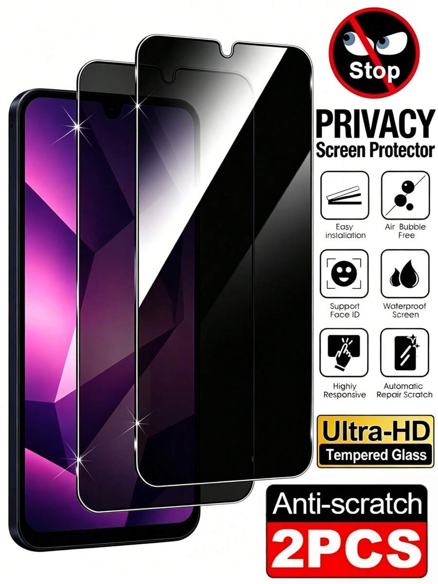 2Pcs Anti Peeping Tempered Glass Film Full Coverage Explosion-Proof Scratch Resistant Anti Spy Phone Screen Protector Compatible With Xiaomi 17T 15T Note 14 13 4G 5G/Honor/Compatible With Samsung Galaxy S26 S25 S24 Ultra FE A57 A56/Compatible With IPhone 18 Pro Max 17 16 Plus 9H Hardness No Bubble Automatic Adsorption Easy To Install Privacy Protection Film