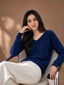 Women's 100% Merino Wool V-Neck Long Sleeve Knit Sweater, Warm And Soft Pullover Top For Autumn/Winter - Navy Blue - View 1