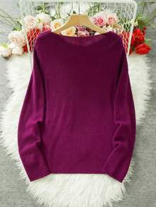 Women's Round Neck Sweater, Vintage Fresh, Summer Casual, Solid Color Versatile Sweater, Ribbed Long Sleeve Sweater For Vacation Fall - Red Plum - View 3