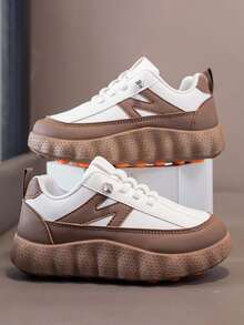1 Pair Kids All-Season Colorblock Patchwork Thick Sole Slip-On Sneakers, Wavy Non-Slip Breathable Mesh Casual Sports Shoes - Brown - View 3